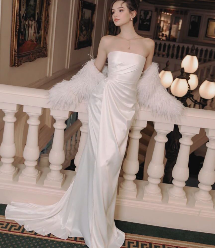 Ivory Satin Strapless Evening Gown "Luxe Whisper" DR734