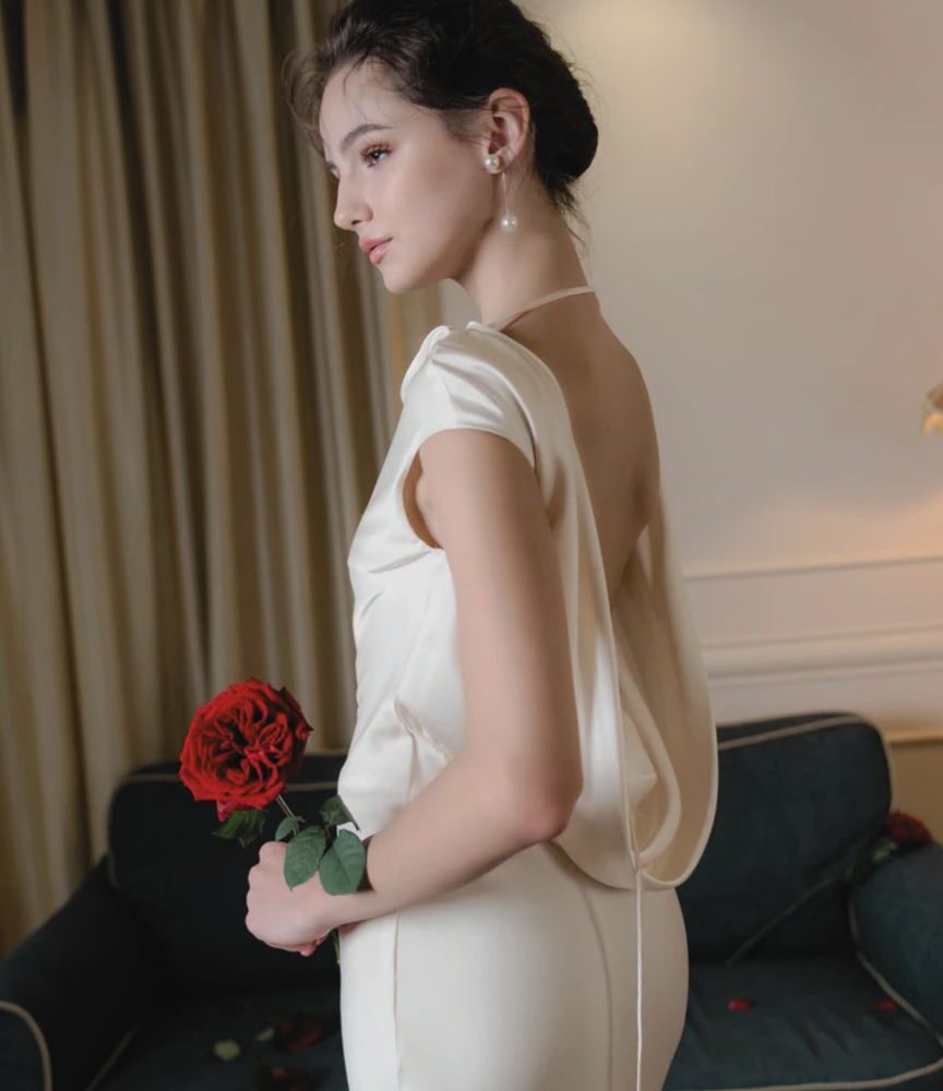 Ivory Satin Cowl-Neck Gown "Elysian Grace" DR115