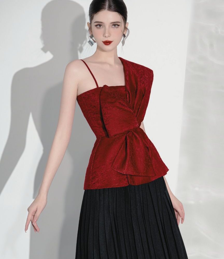 Red Asymmetric Draped Top & Black Pleated Midi Skirt Set “Crimson Dusk” CD512