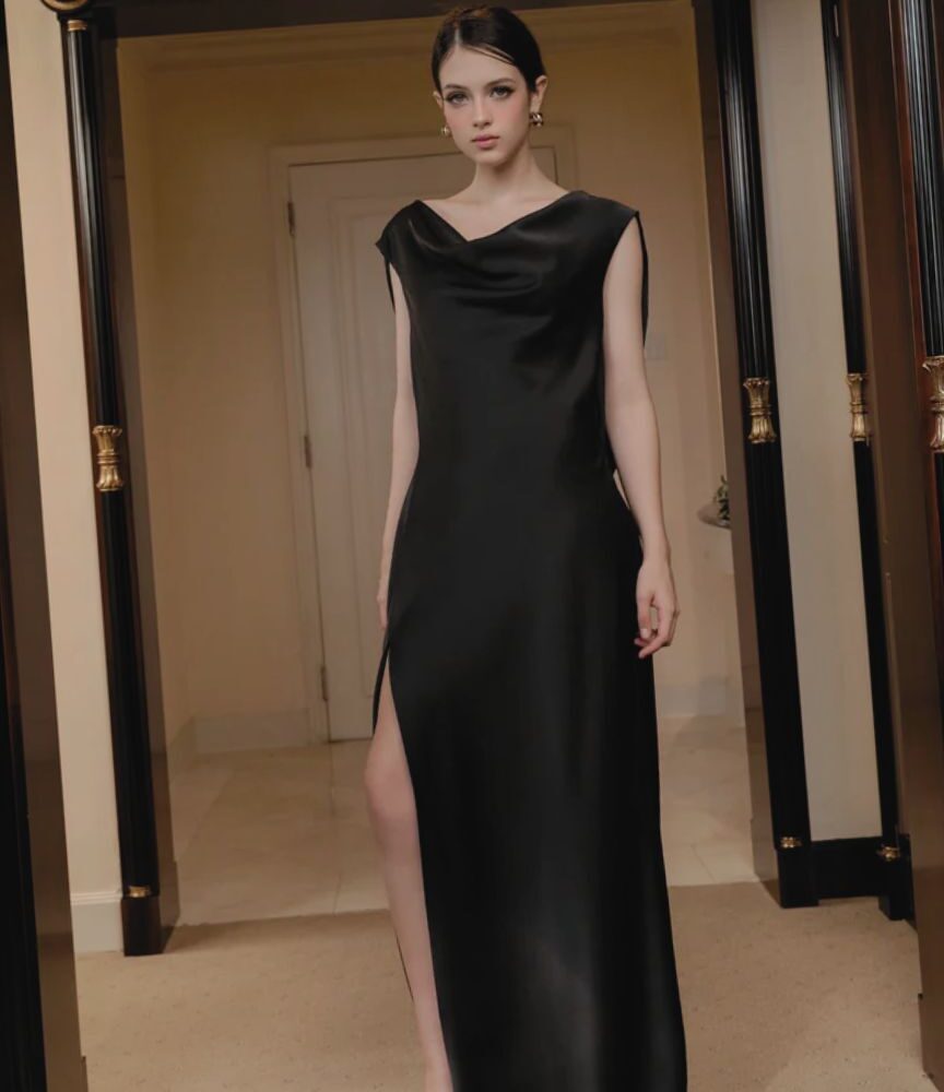 Black Satin Draped Evening Gown "Midnight Grace" DR774